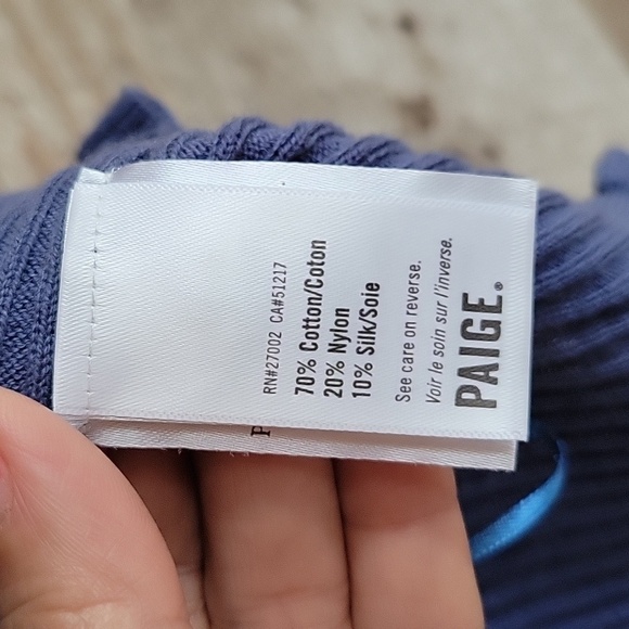 PAIGE Tasha Size Medium Blue Ribbed Short Sleeve Cotton & Silk Blend Cardigan - Picture 4 of 6